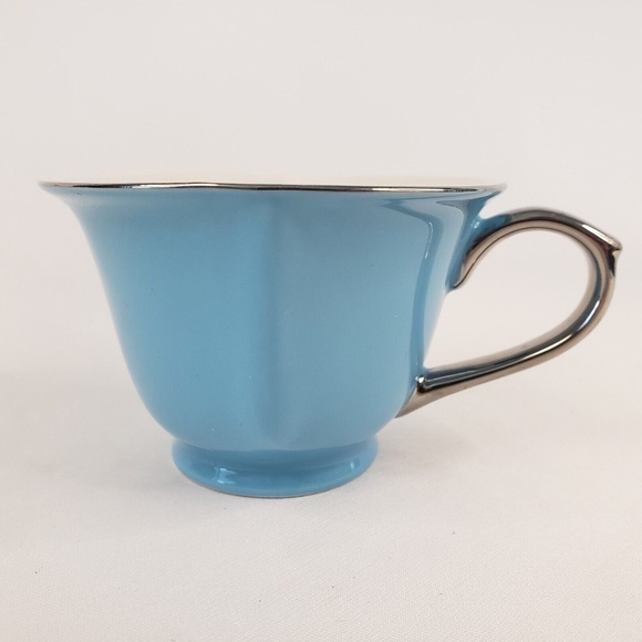 Classic Coffee & Tea Inside Out Heart Shaped Tea Cup + Saucer‎ Blue Silver Rim - Picture 5 of 8